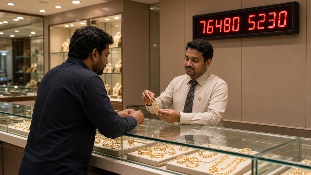 LED gold and silver rate board behind a jewellery showroom counter