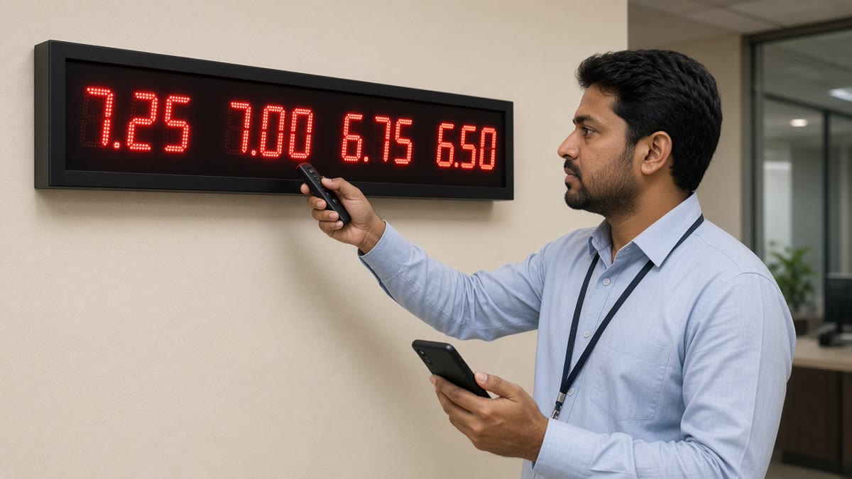 Bank staff member updating an LED interest rate display board with a remote, phone app in hand