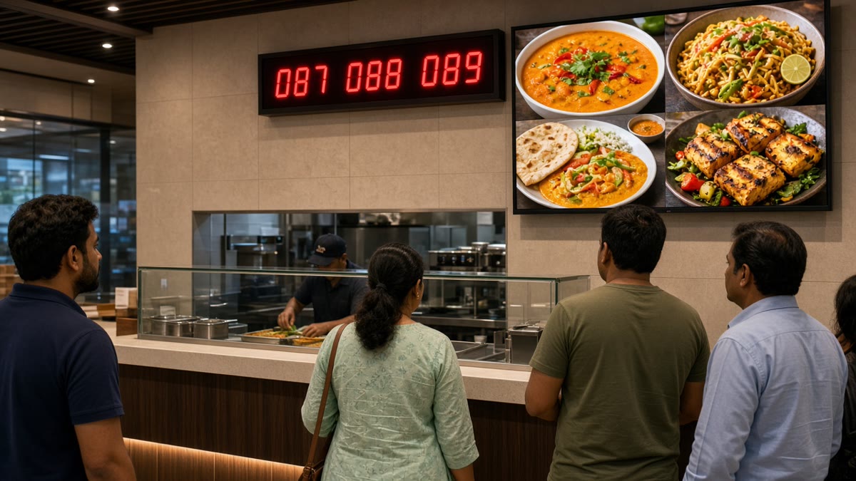 Restaurant counter with an LED token display and a digital menu screen