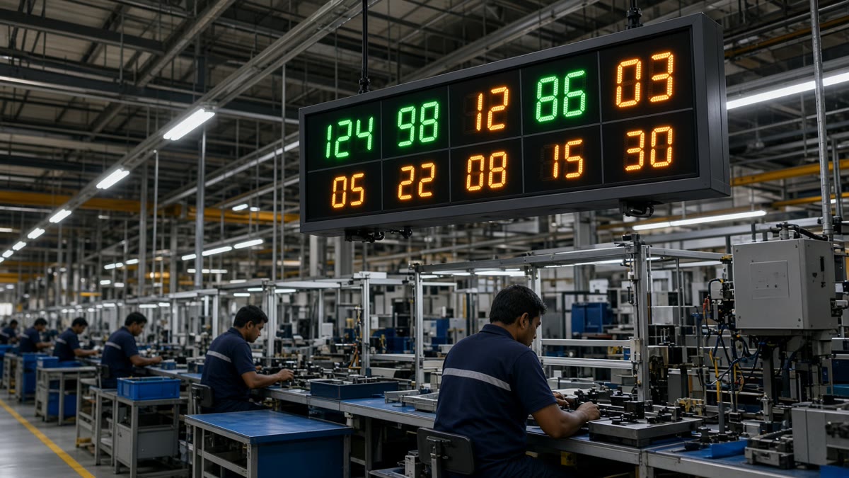 Production LED display showing target and actual above an assembly line