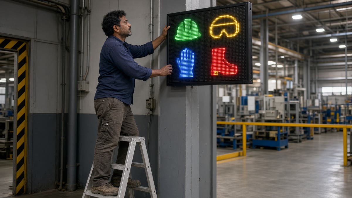 Electrician mounting a digital PPE matrix board at a production area entrance