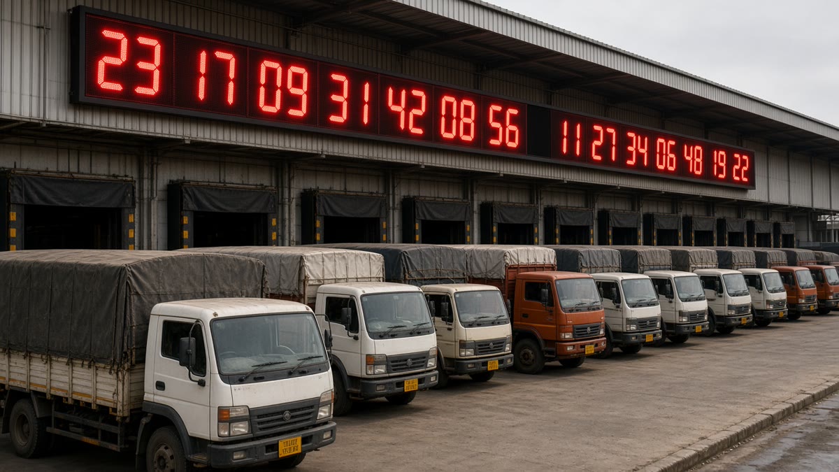 Vehicle calling LED display above loading docks at a warehouse