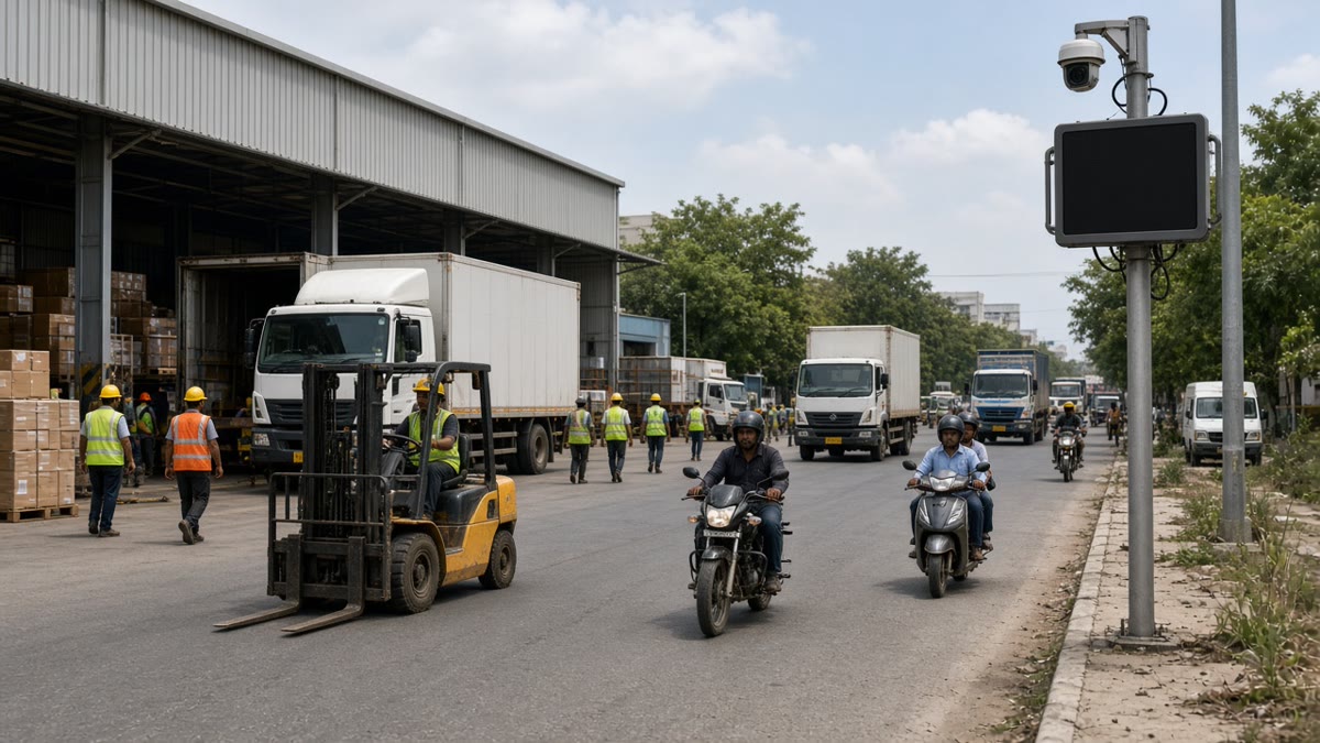 Trucks, forklifts and workers sharing an internal road at a logistics park
