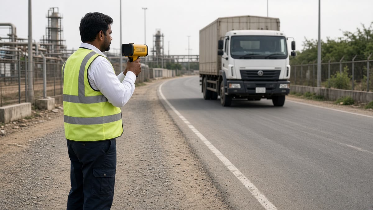 Safety officer checking vehicle speed with a handheld radar speed gun
