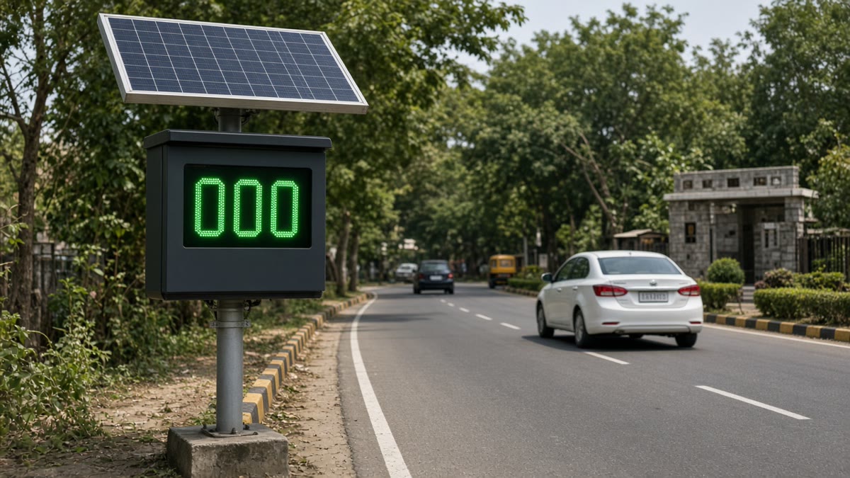 Solar powered radar speed display at a township entry road