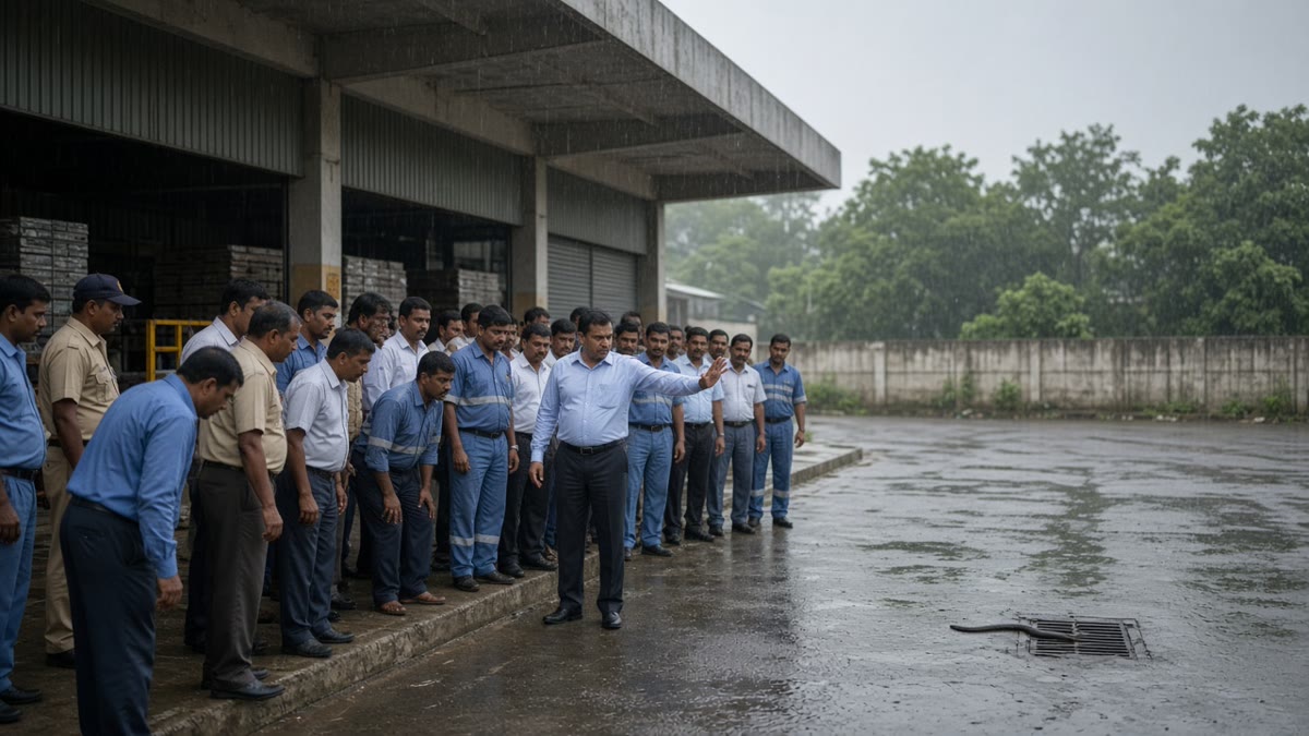 Workers and guards crowding a loading bay while a snake is visible near a storm drain on a rainy Indian factory campus