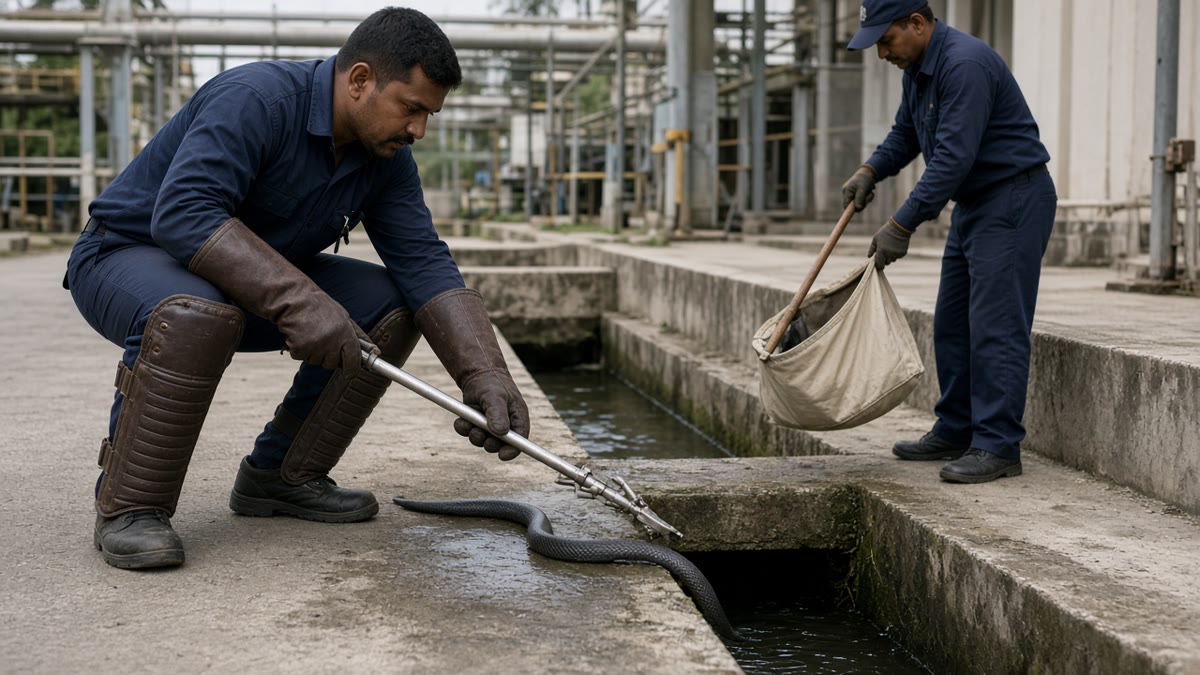 Trained security responder in anti-puncture gloves using a snake catcher stick near a factory drain while another person holds a rescue bag open