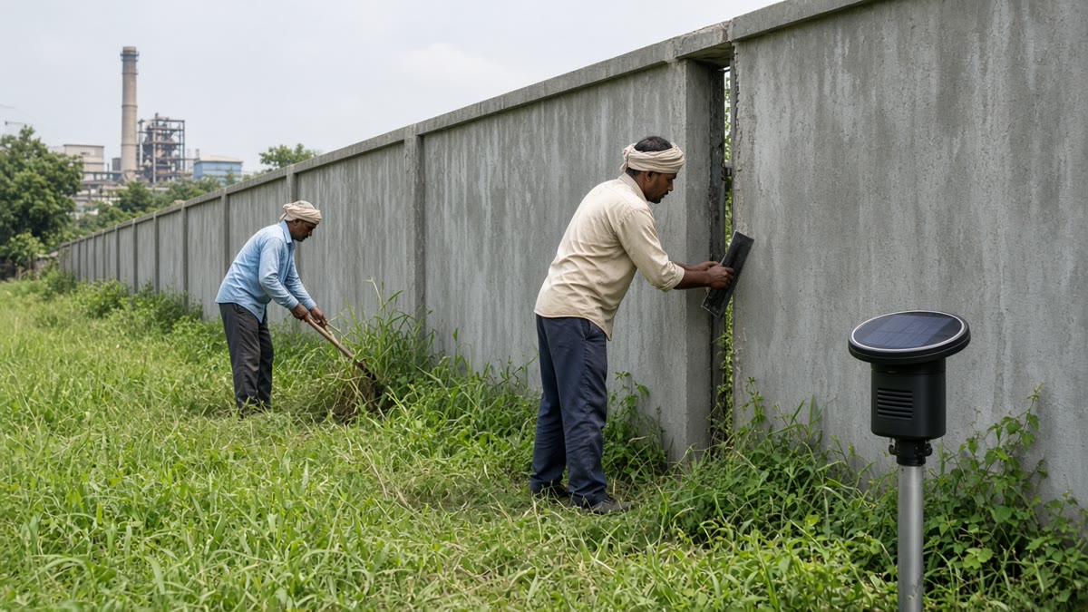 Workers cutting tall grass and sealing a door gap along a factory boundary wall before monsoon, with a solar snake repellent post nearby