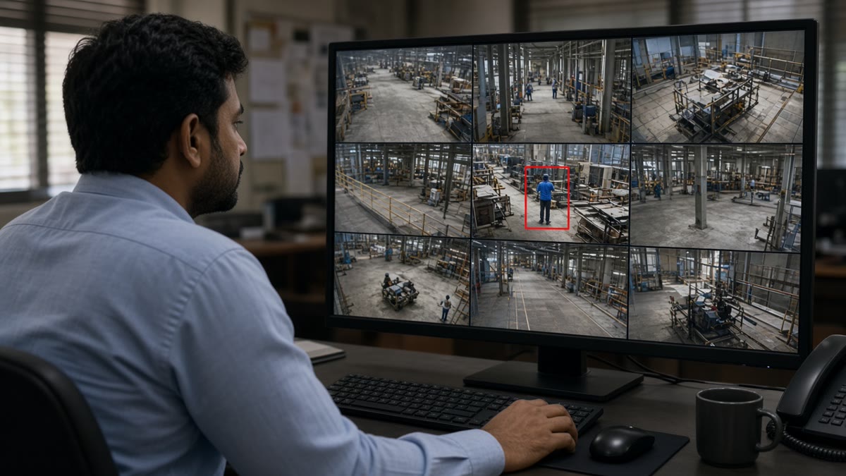 Security analyst reviewing multiple CCTV feeds on screens in an Indian control room while an AI alert highlights a worker without a helmet