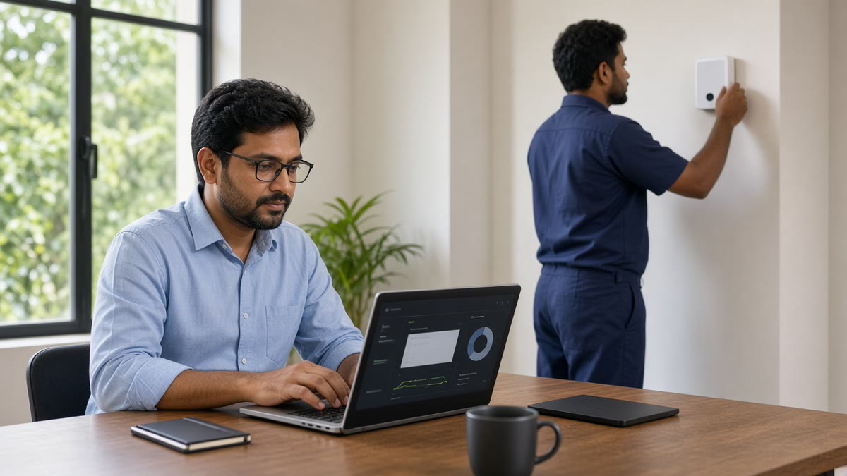 Indian facility manager configuring a security and automation dashboard on a laptop in a plant office, labourer installing a device in the background