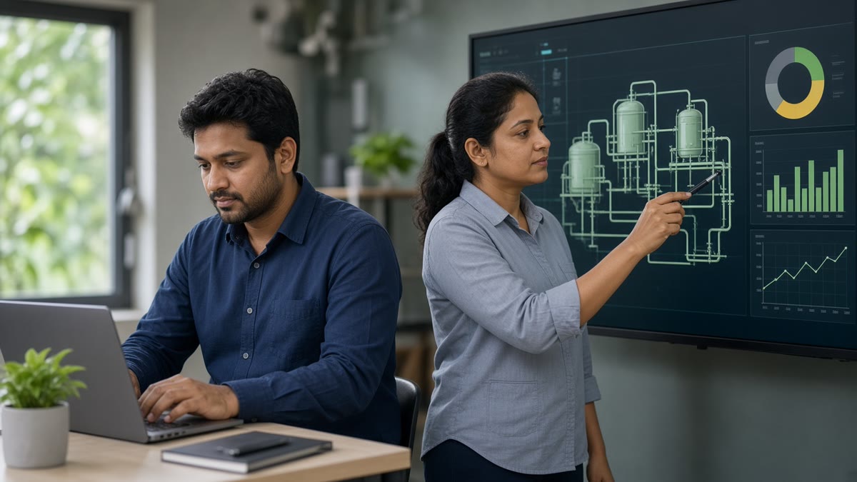 Developer and safety engineer side by side in an Indian office, code on one screen and a plant safety dashboard on the other