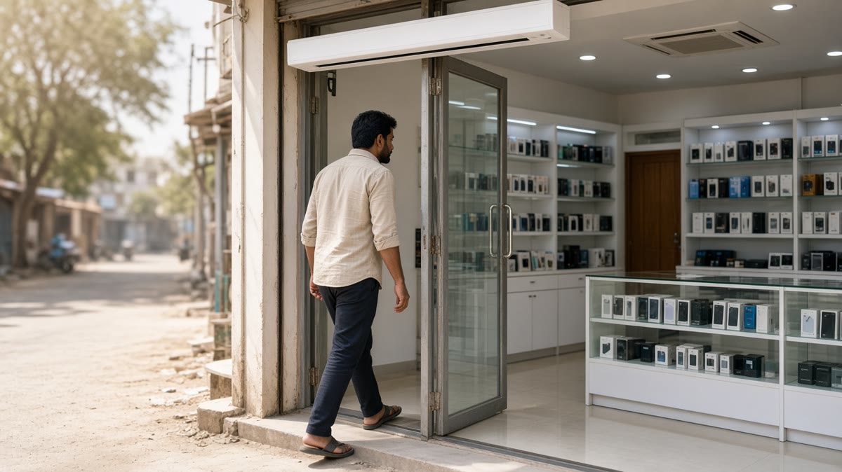 Slim white air curtain mounted above the open glass door of an air-conditioned Indian retail shop, customers entering