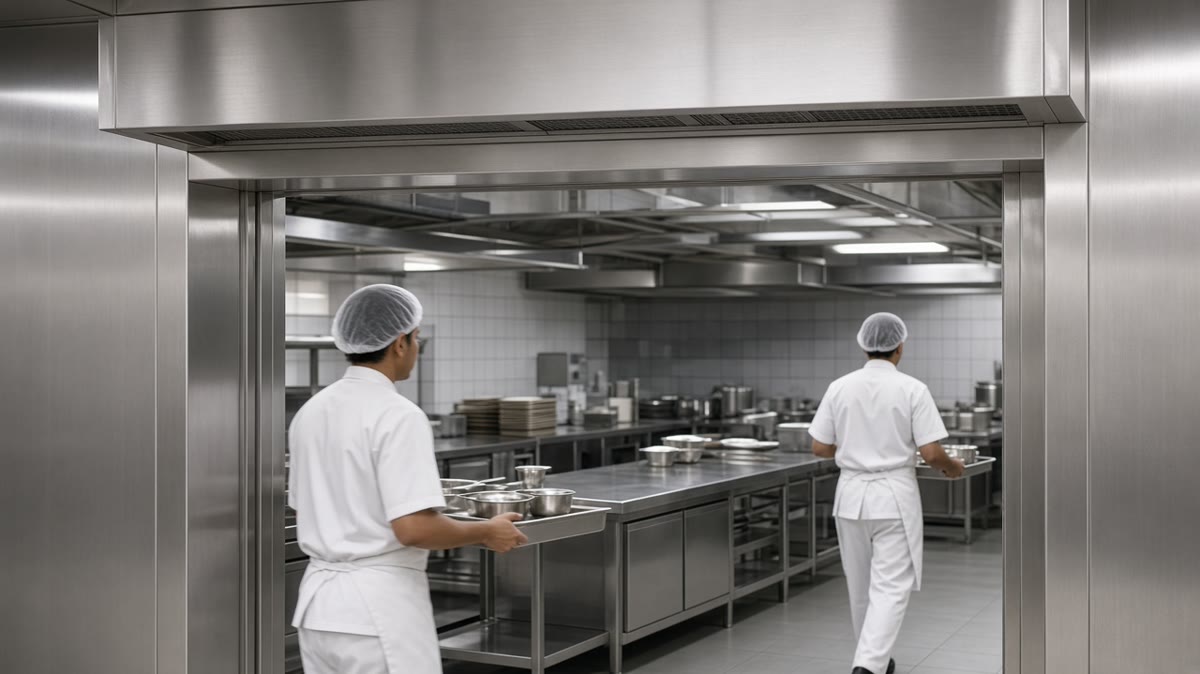 Stainless steel air curtain above the doorway of an Indian commercial kitchen or food processing area, staff in hairnets passing