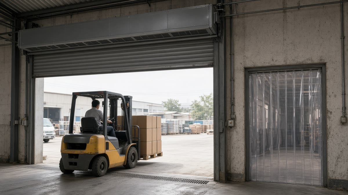 Wide industrial air curtain above a roller shutter loading dock of an Indian warehouse, a forklift passing through, PVC strip curtain at a side door