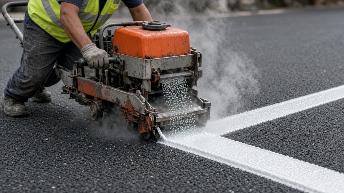 Road marking crew applying hot thermoplastic white lane lines with a push applicator on a fresh asphalt road in India, glass beads spraying