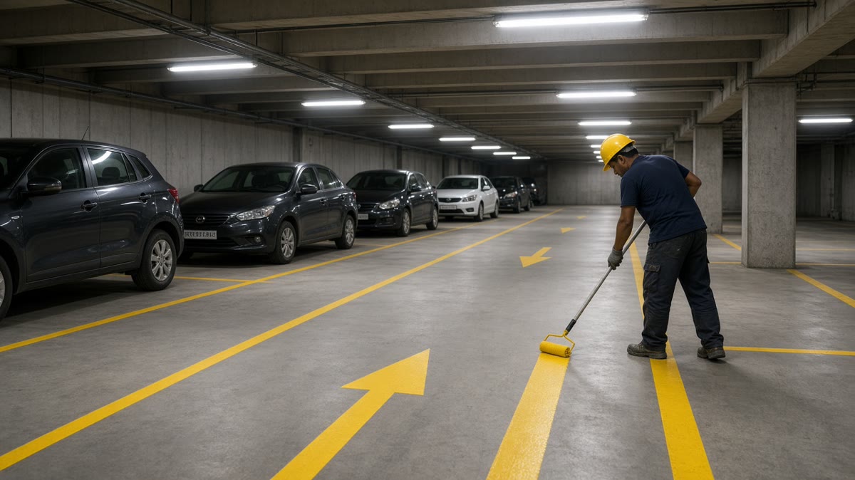 Yellow parking bay lines and arrows freshly painted on the concrete floor of an Indian basement car park, cars parked