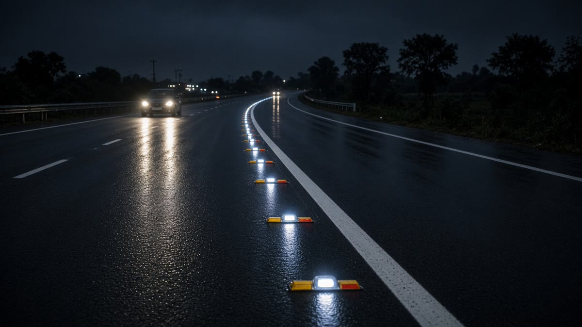 Night view of an Indian highway with glowing thermoplastic lane lines and red and yellow road studs reflecting car headlights