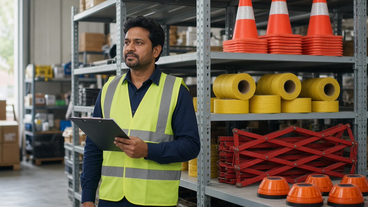 Facility supervisor at an Indian warehouse yard checking a store shelf stacked with orange safety cones, caution tape rolls and plastic barriers