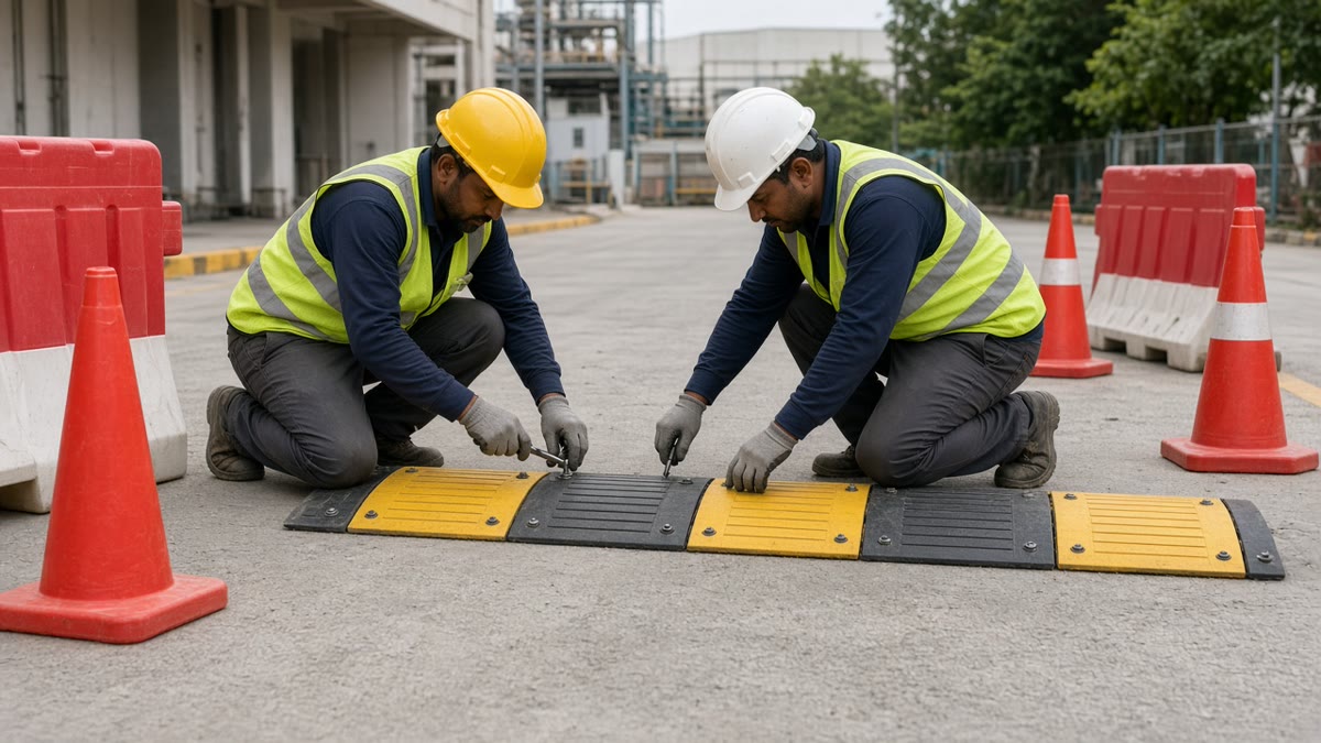 Maintenance crew in India fixing a black and yellow rubber speed breaker across a factory internal road