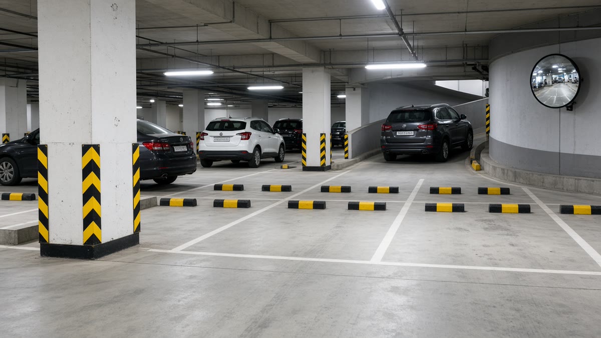 Basement car park in an Indian office building with rubber wheel stoppers, corner guards on pillars and a convex mirror at a blind turn
