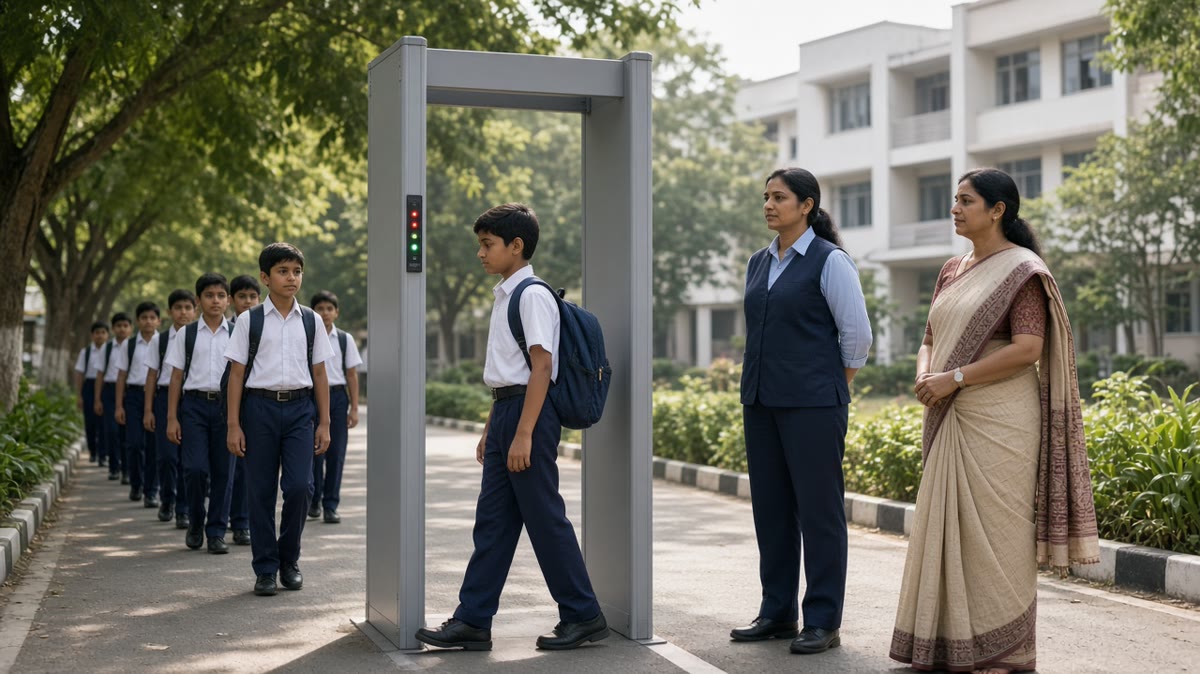 Students walking one by one through a grey door frame metal detector at an Indian school gate while a guard watches the alarm lights
