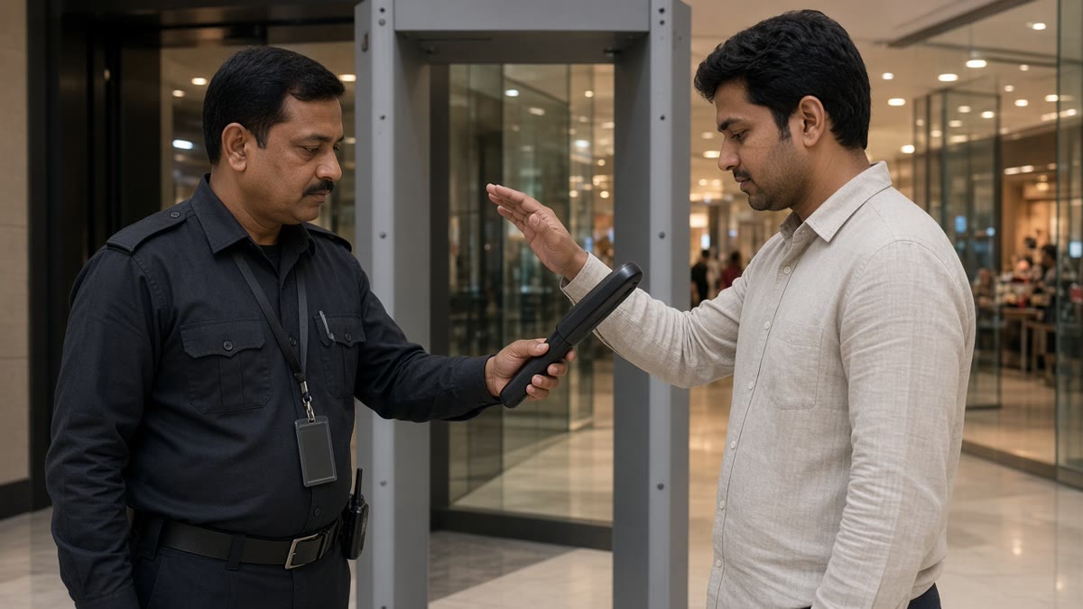 Security guard at an Indian mall entrance screening a shopper with a black hand held metal detector beside a multi-zone door frame detector