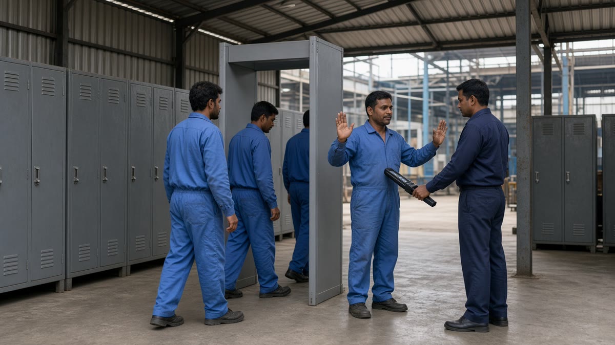 Factory exit in India with a door frame metal detector at the turnstile and a guard checking a worker with a hand held detector