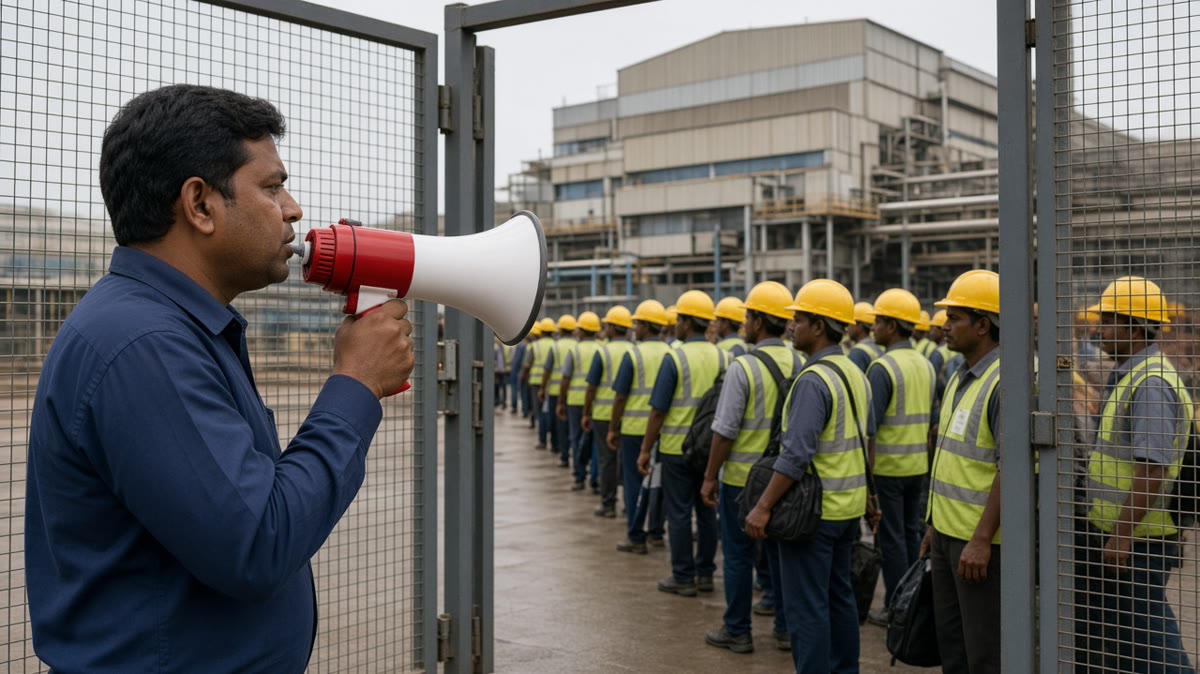 Security officer using a white and red megaphone to direct workers to the assembly point during an evacuation drill at an Indian factory