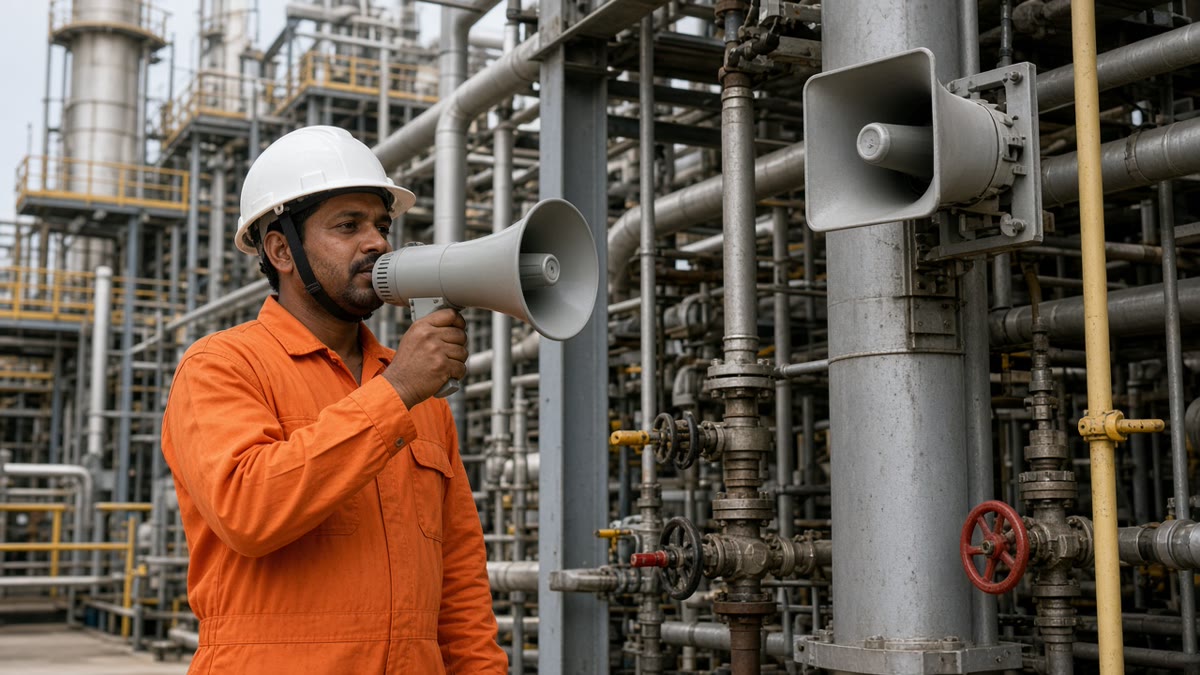 Fire warden at an Indian refinery making an announcement with a grey flameproof megaphone in a process area