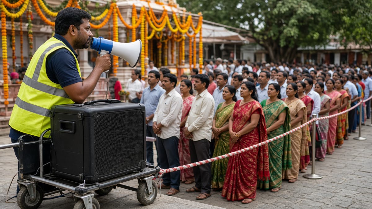Event volunteer at an Indian temple festival addressing a queue with a megaphone beside a portable trolley speaker