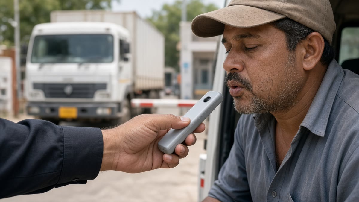 Security guard at an Indian factory gate screening a truck driver with a handheld contactless alcohol detector