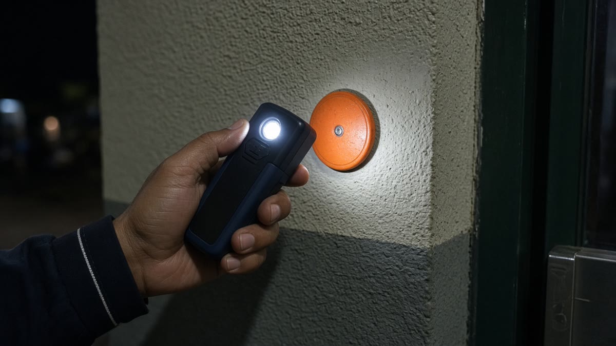 Security guard at an Indian factory at night touching a handheld guard tour reader to a checkpoint on the wall beside a fire exit
