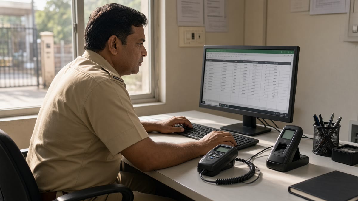 Security supervisor reviewing patrol reports on a desktop beside a charging guard tour reader in a gatehouse