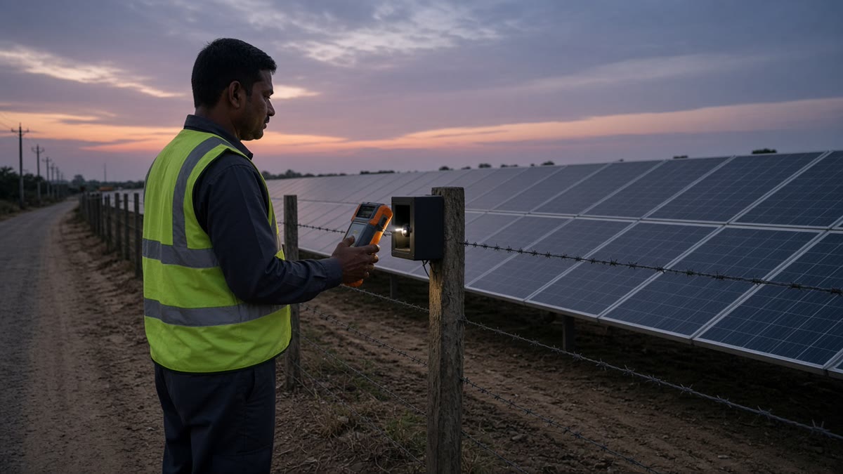 Guard on a solar farm perimeter road scanning a checkpoint with a rugged GPS guard tour reader