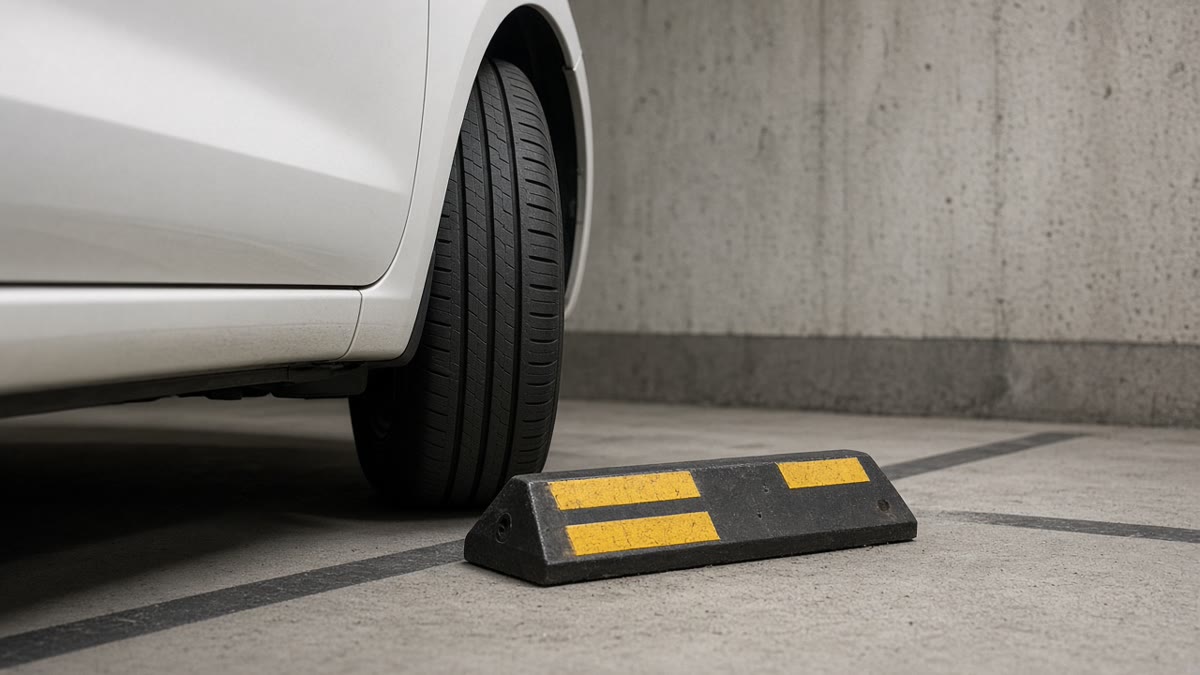 Car parked in an Indian office basement with its rear tyres resting against black and yellow rubber wheel stoppers