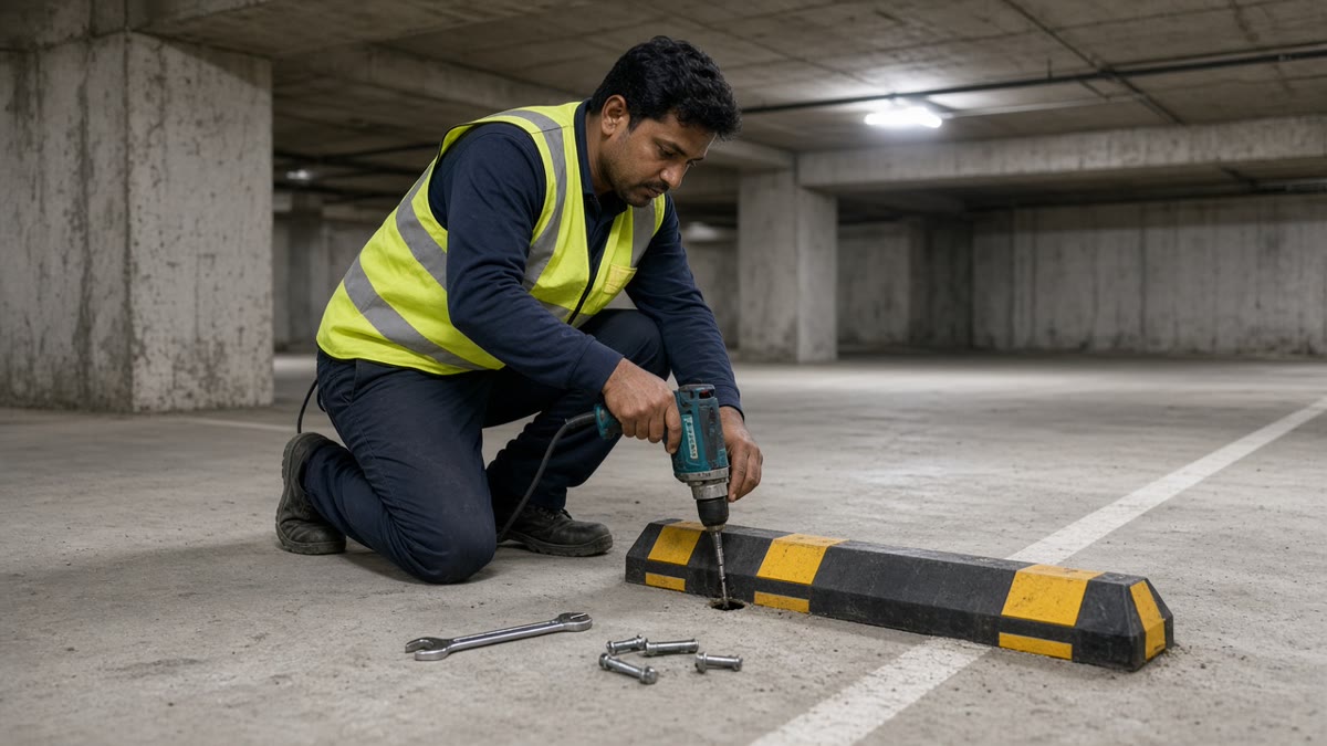 Technician anchoring a black and yellow rubber wheel stopper to a concrete parking bay floor with a drill