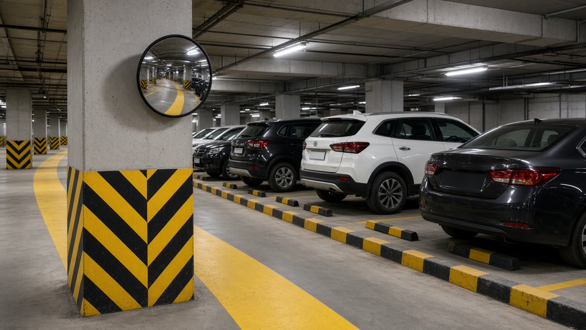 Mall car park with wheel stoppers in every bay, yellow and black corner guards on the pillars and a convex mirror at the ramp