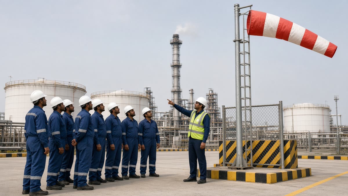 Workers at an emergency assembly point of an Indian chemical plant checking a red and white windsock during a drill