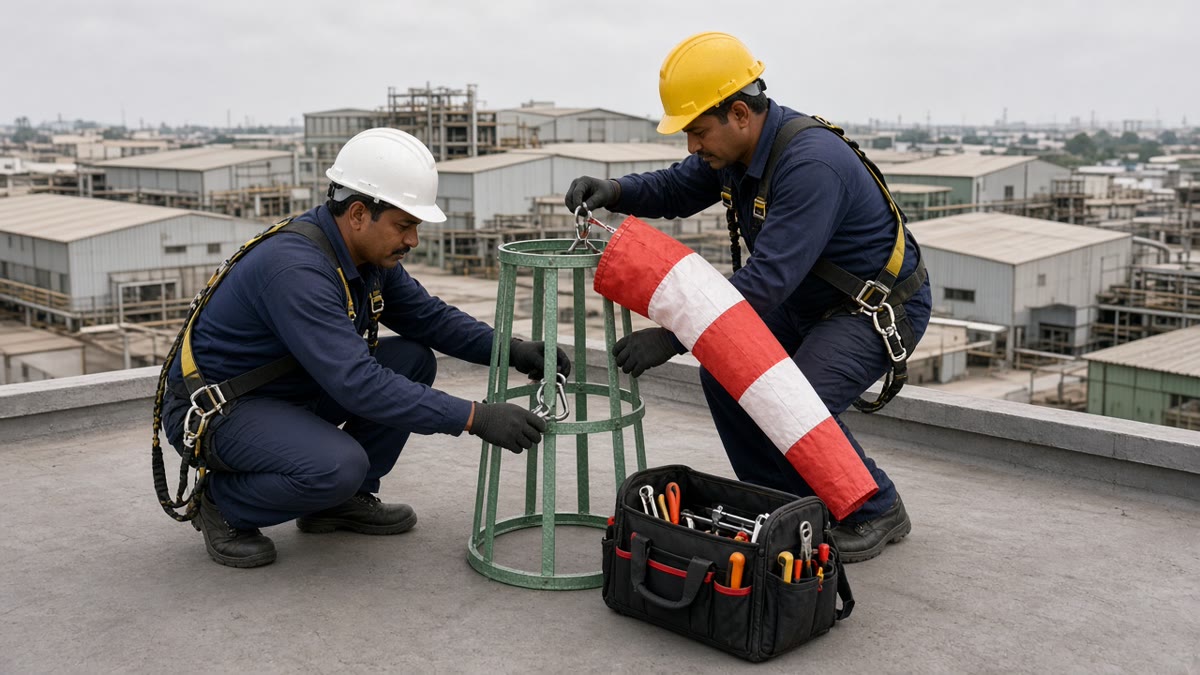 Technicians fitting a 6 ft red and white windsock to the caged stand on a factory roof