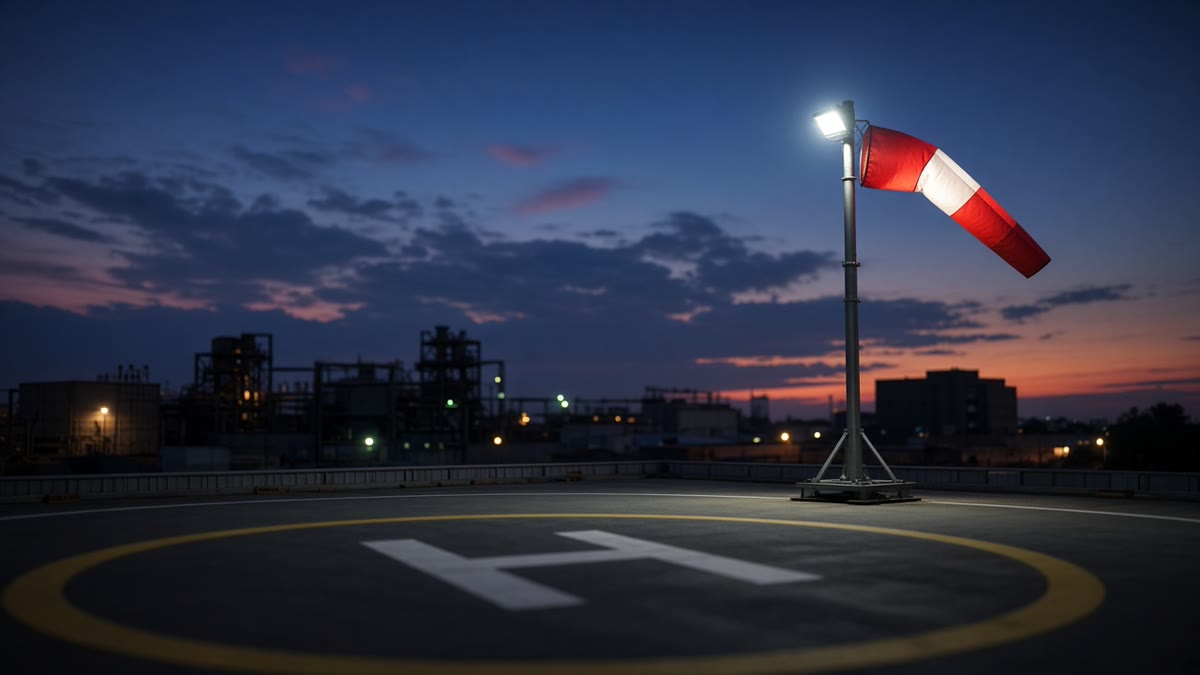 LED-lit windsock on a steel stand glowing at dusk beside an Indian helipad