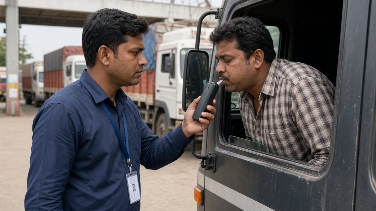 Security guard screening a truck driver with a handheld alcohol detector at a depot gate