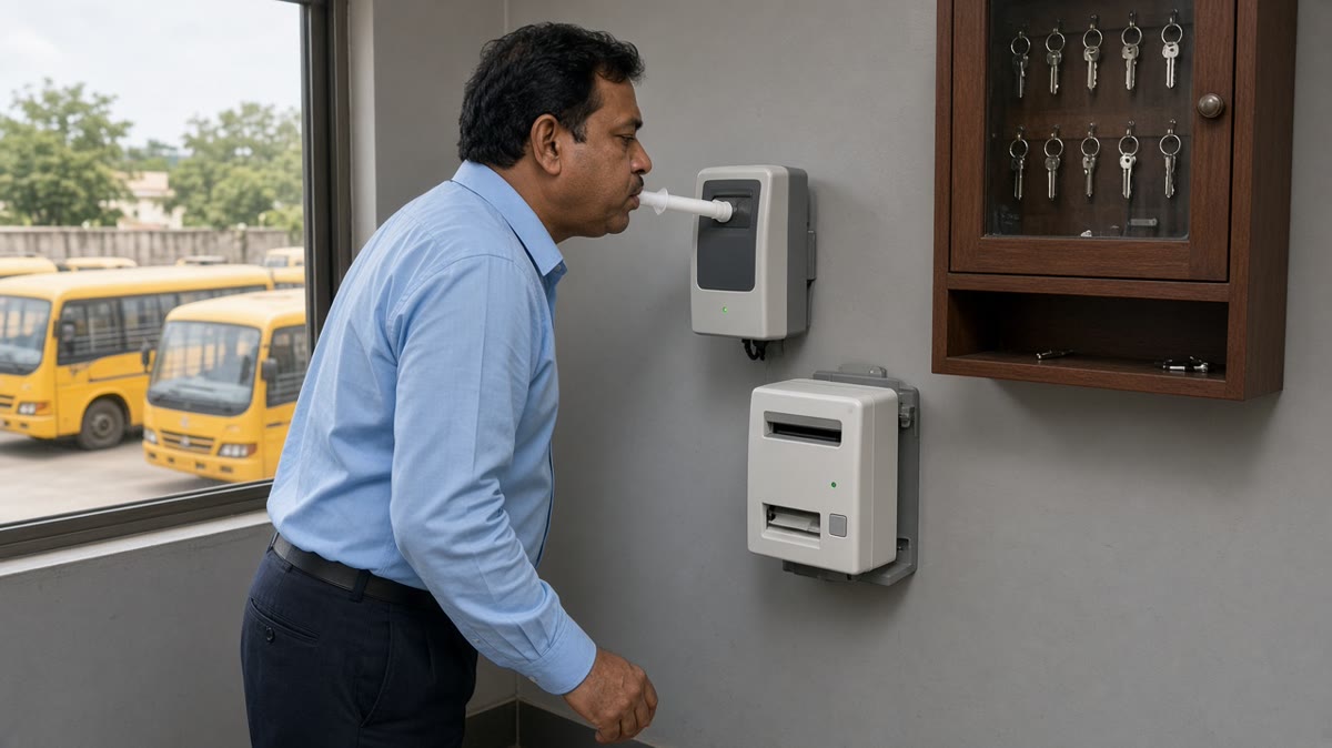 Driver testing on a wall-mounted breathalyzer with printer beside the key cabinet, school buses outside