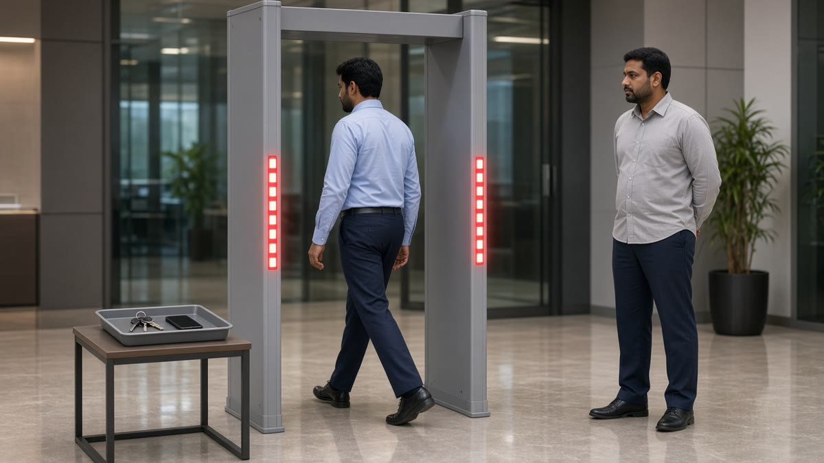 Visitor walking through a multi-zone door frame metal detector while a guard watches the zone lights