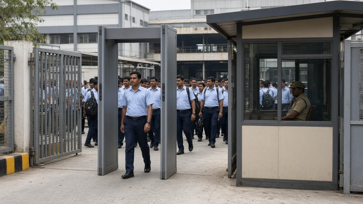 Factory workers walking one at a time through a single zone door frame metal detector at the staff exit