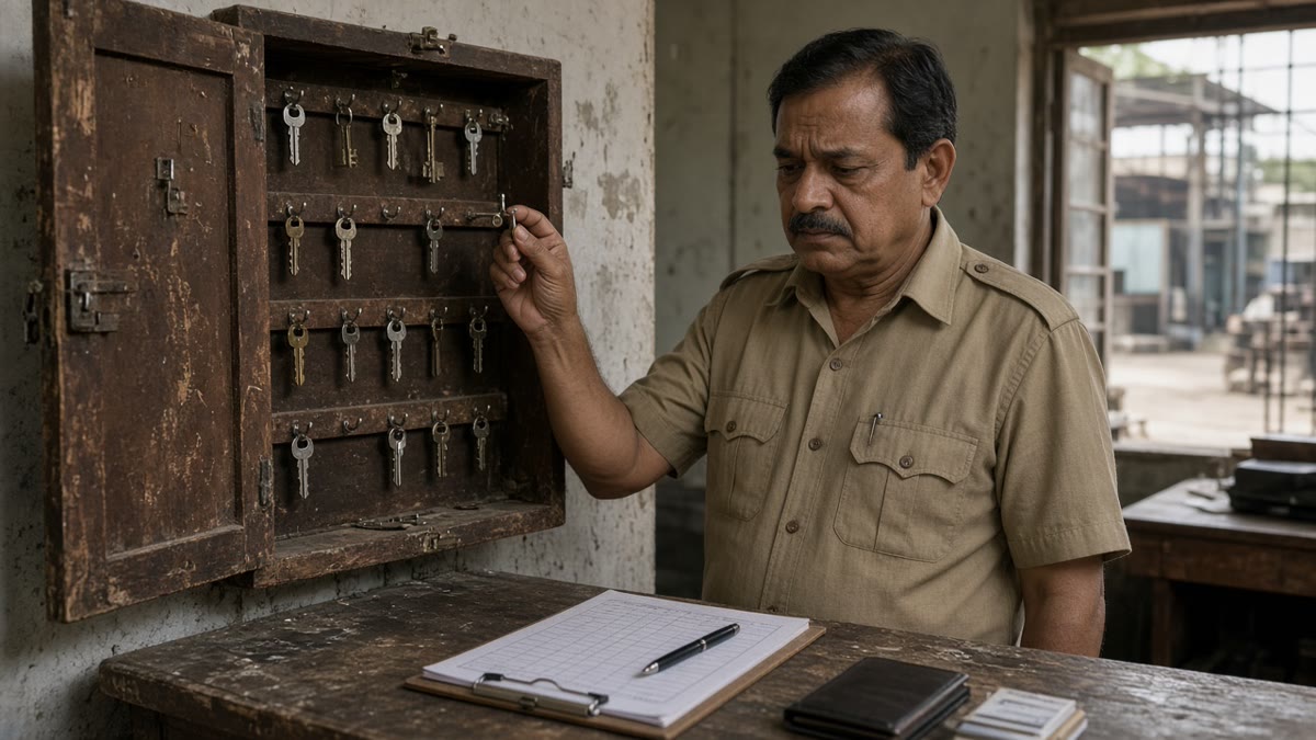 Open key board with missing keys and a paper register in a factory security cabin