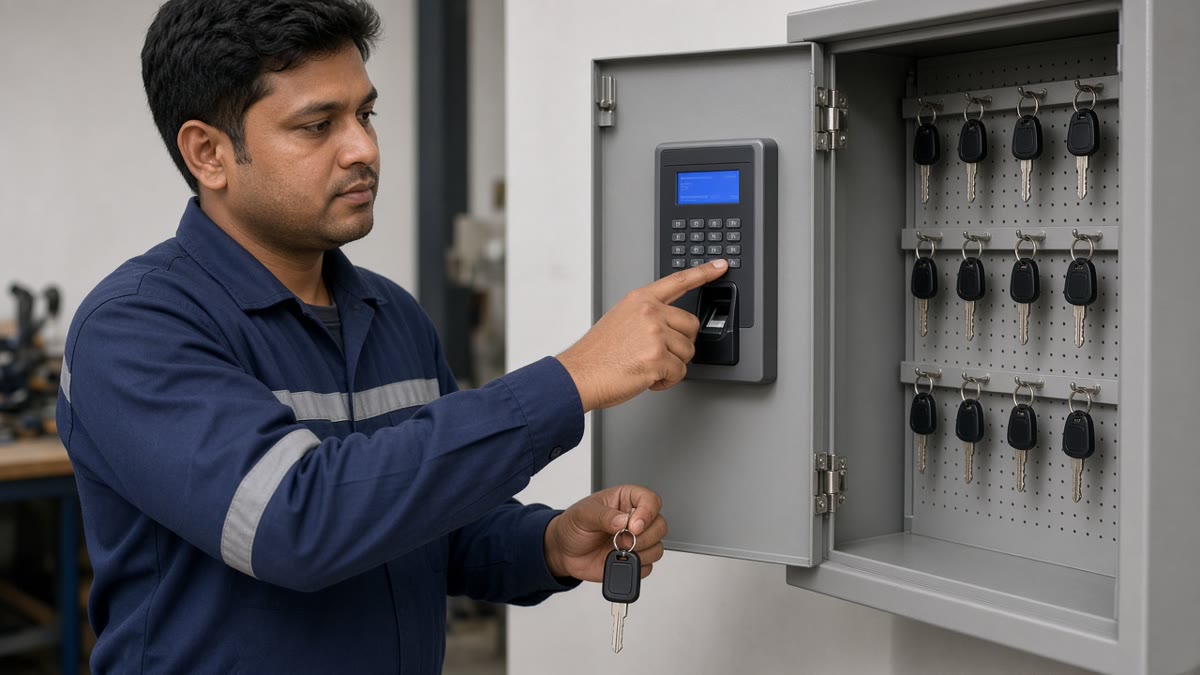 Technician at the fingerprint reader and keypad on a key cabinet door, holding a key on an RFID fob
