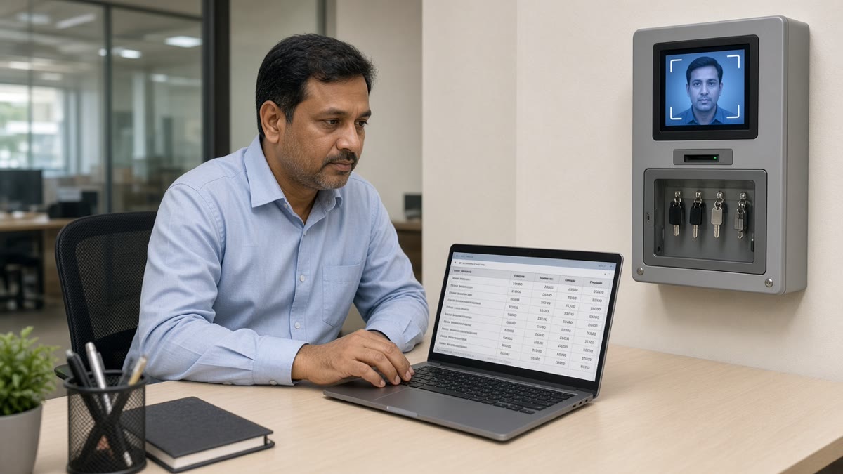 Facility manager reviewing a key report on a laptop beside a face-recognition key management cabinet