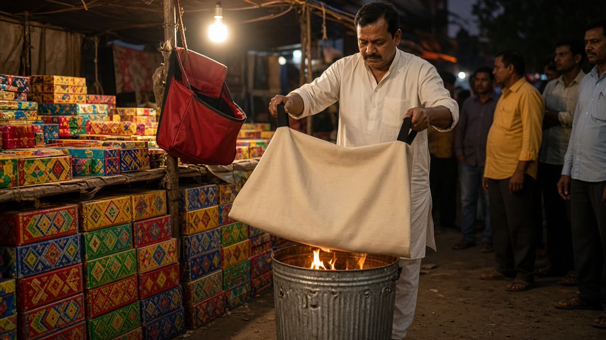 Cracker stall owner smothering a small dustbin fire with a fibreglass fire blanket at a Diwali market