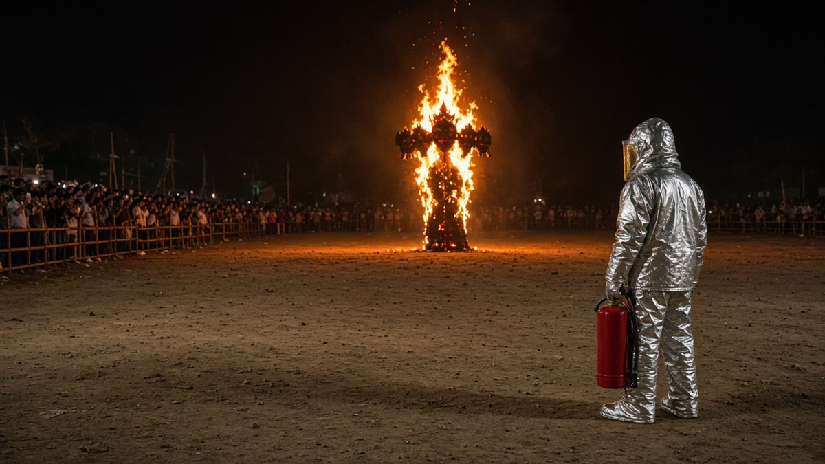 Fire safety responder in an aluminised proximity suit standing guard with an extinguisher near a burning Ravan effigy
