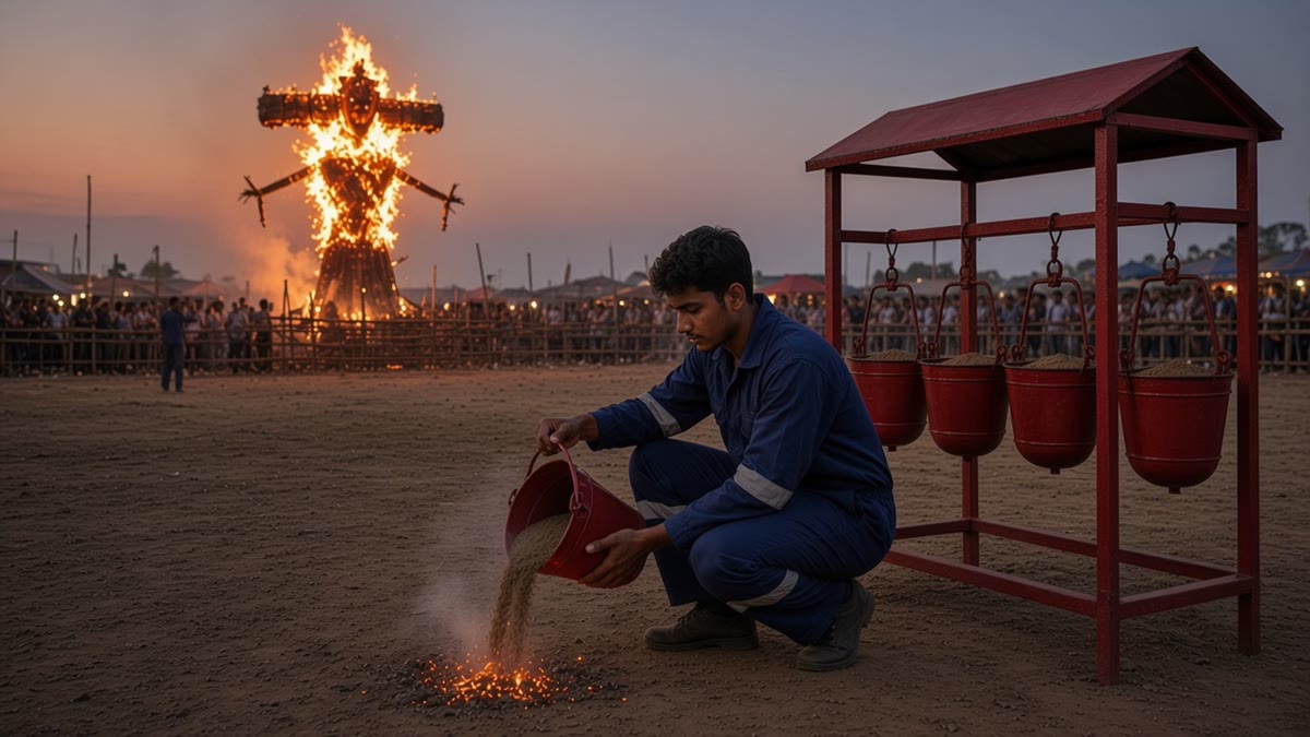 Volunteer in a navy flame-retardant coverall pouring sand from a red fire bucket onto embers at a mela ground